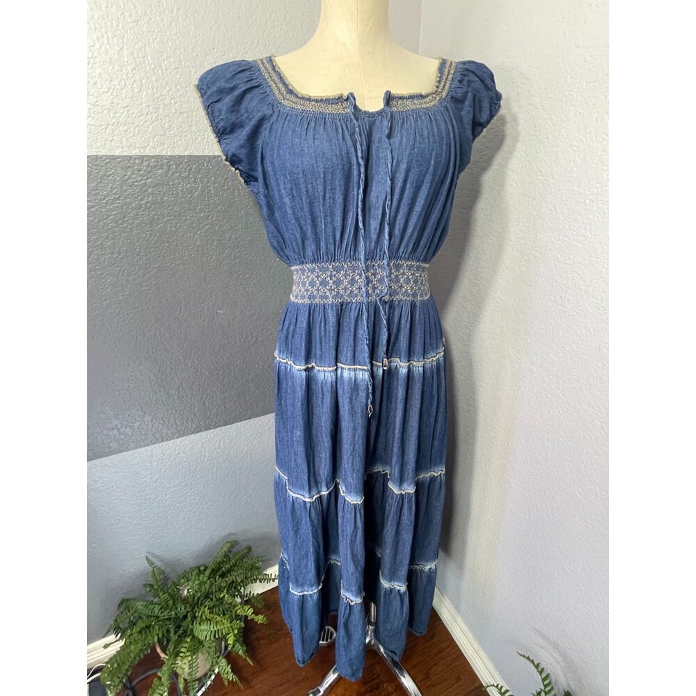 Indigo & Lace Blue Denim Look Tiered Smocked Peasant Maxi Dress XL - Picture 10 of 10